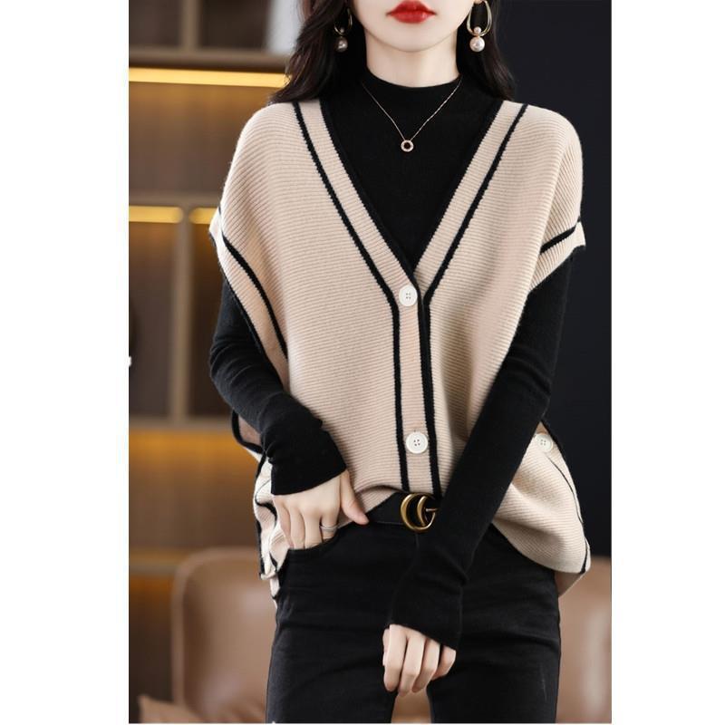 Vest Womens Early Spring Single-breasted Colorblock Sleeveless Sweater Jacket Womens Loose Knitted Cardigan Womens Waistcoat Red - Image 2