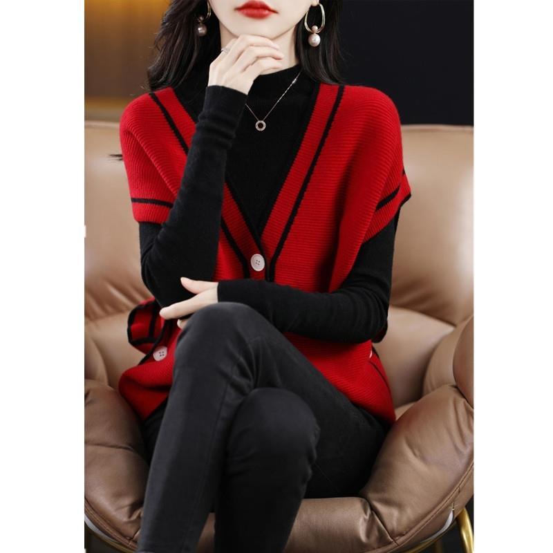 Vest Womens Early Spring Single-breasted Colorblock Sleeveless Sweater Jacket Womens Loose Knitted Cardigan Womens Waistcoat Red - Image 1