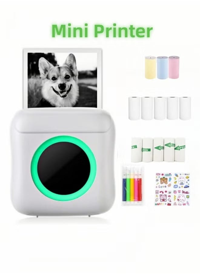 Generic HD Mini Portable Thermal Printer With 1 Roll of Thermal Paper + 5 Rolls of Thermal Paper + 3 Rolls of Colored Paper + 5 Rolls of Stickers + 6 Watercolor Pens + Stickers Portable Bluetooth Wireless C  - Image 1
