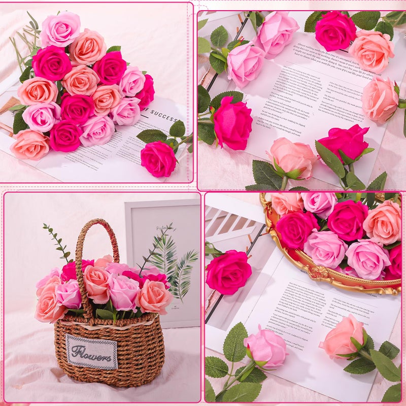 Ovveroche 24 Pcs Hot Pink, Light Pink Rose Artificial Flowers with Long Stem Real Touch Silk Roses Bulk for Wedding, Party, Table Centerpieces Bouquet, Bridal, Home Decor - Image 4