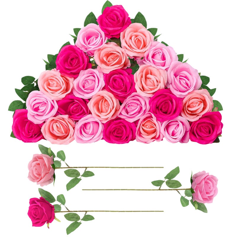 Ovveroche 24 Pcs Hot Pink, Light Pink Rose Artificial Flowers with Long Stem Real Touch Silk Roses Bulk for Wedding, Party, Table Centerpieces Bouquet, Bridal, Home Decor - Image 1