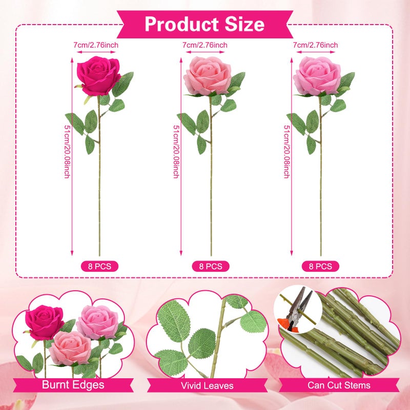 Ovveroche 24 Pcs Hot Pink, Light Pink Rose Artificial Flowers with Long Stem Real Touch Silk Roses Bulk for Wedding, Party, Table Centerpieces Bouquet, Bridal, Home Decor - Image 2