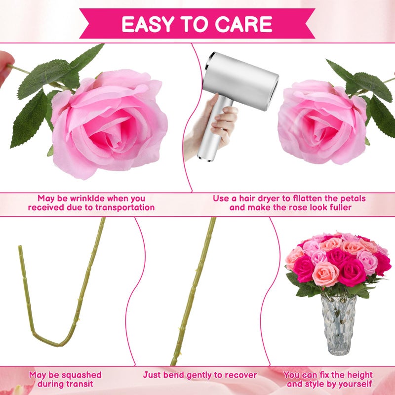 Ovveroche 24 Pcs Hot Pink, Light Pink Rose Artificial Flowers with Long Stem Real Touch Silk Roses Bulk for Wedding, Party, Table Centerpieces Bouquet, Bridal, Home Decor - Image 3