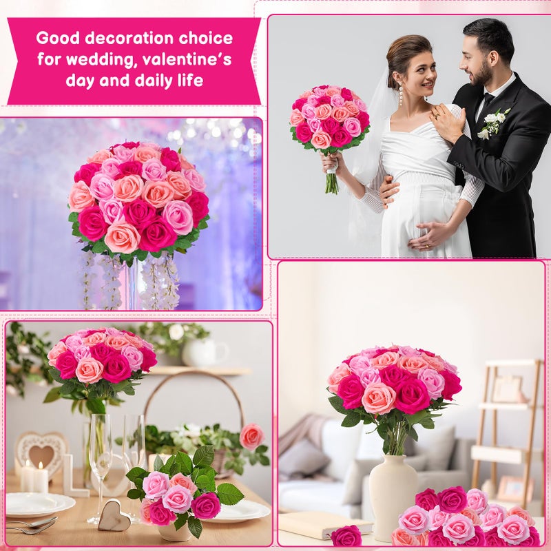 Ovveroche 24 Pcs Hot Pink, Light Pink Rose Artificial Flowers with Long Stem Real Touch Silk Roses Bulk for Wedding, Party, Table Centerpieces Bouquet, Bridal, Home Decor - Image 5