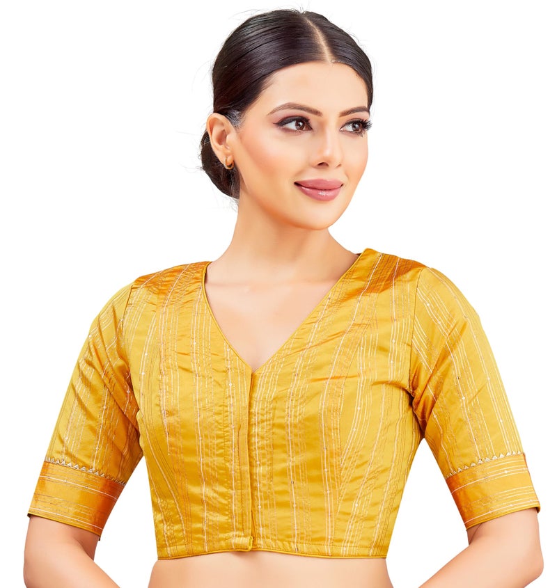 Studio Shringaar Women's Art Silk V Neck Saree Blouse with Elbow Length Sleeves (Yellow, 42) - Image 1