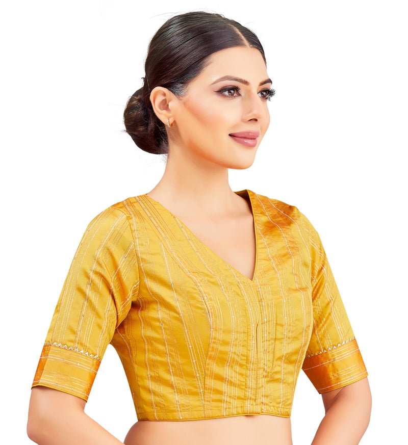 Studio Shringaar Women's Art Silk V Neck Saree Blouse with Elbow Length Sleeves (Yellow, 42) - Image 4