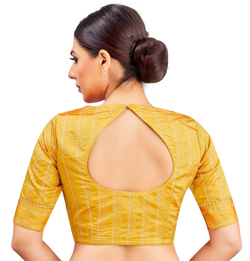 Studio Shringaar Women's Art Silk V Neck Saree Blouse with Elbow Length Sleeves (Yellow, 42) - Image 2