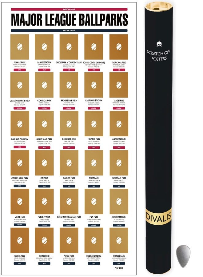 Divalis Major League Ballparks Scratch off Poster - Large Easy to Frame Baseball Parks Checklist - American National Baseball Stadium Map - Scratcher Included - Image 1