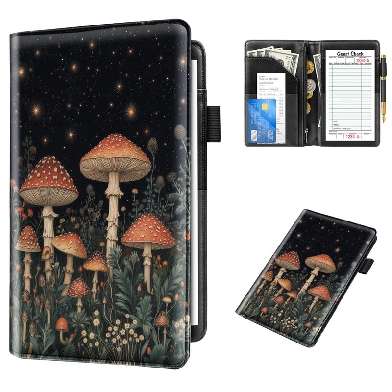 WAVEYU Cute Server Books for Waitress Waiter, Leather Guest Book Note Pad with Zipper, Money Organizer Wallet, Cash Check Bill Receipt Holder Presenter, 8x5 inch, Mushroom Pattern - Image 1