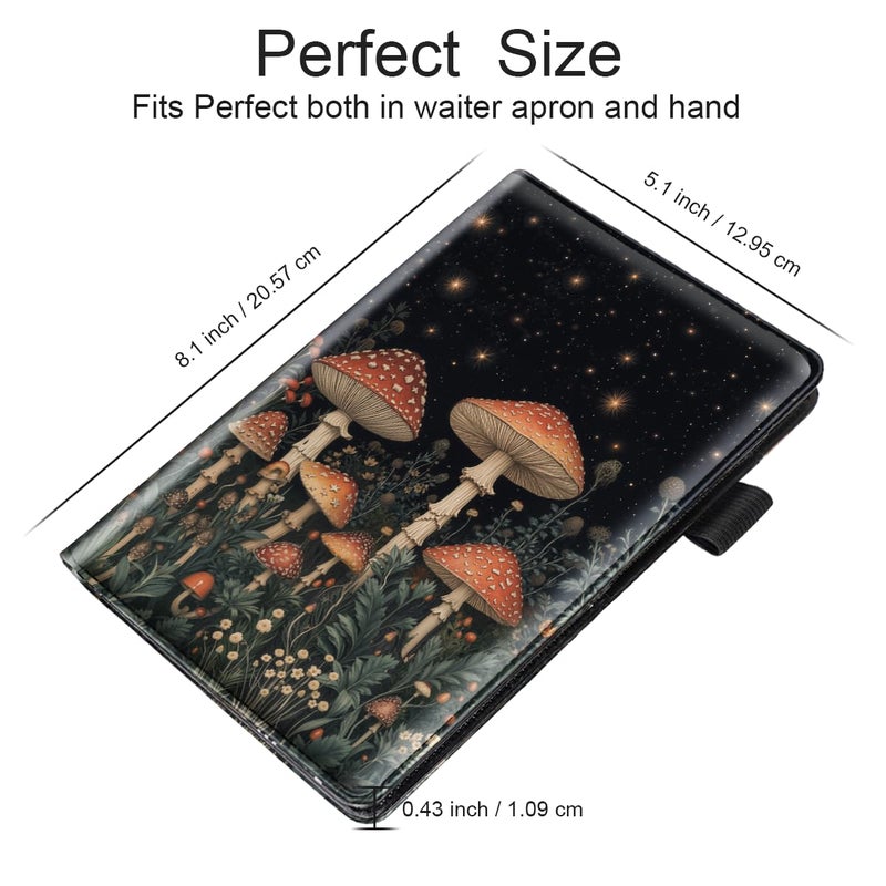 WAVEYU Cute Server Books for Waitress Waiter, Leather Guest Book Note Pad with Zipper, Money Organizer Wallet, Cash Check Bill Receipt Holder Presenter, 8x5 inch, Mushroom Pattern - Image 4