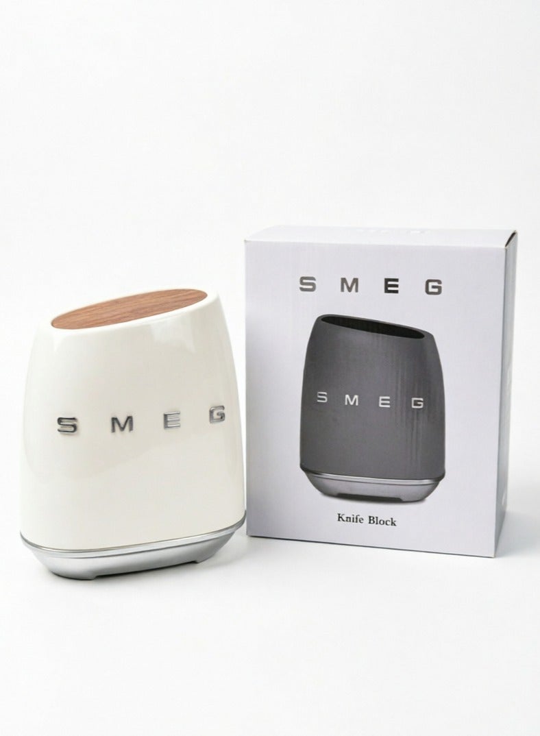 SMEG knife holder, stainless steel knife holder polished chrome and alloy ring wood knife groove bracket, off-white (excluding knife) - Image 2