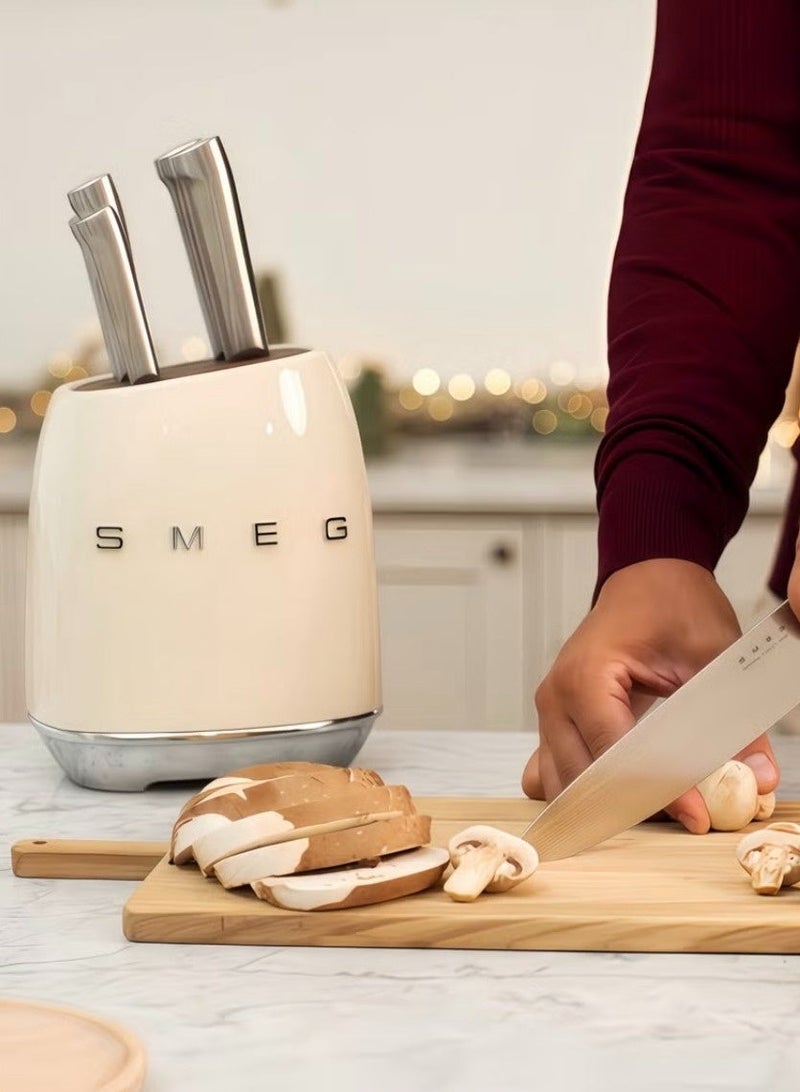 SMEG knife holder, stainless steel knife holder polished chrome and alloy ring wood knife groove bracket, off-white (excluding knife) - Image 3