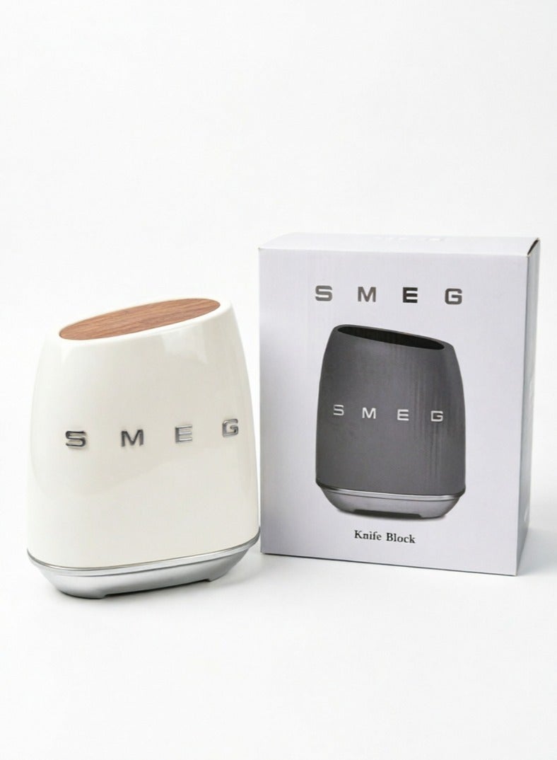 SMEG knife holder, stainless steel knife holder polished chrome and alloy ring wood knife groove bracket, off-white (excluding knife) - Image 1