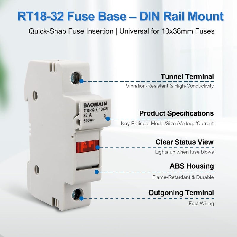 Baomain RT18-32 Fuse Holder Base with 10x8A Ceramic Fuses (10x38mm) – 1 Pole DIN Rail Mount, LED Indicator, CE Certified (8 Amp) - Image 2