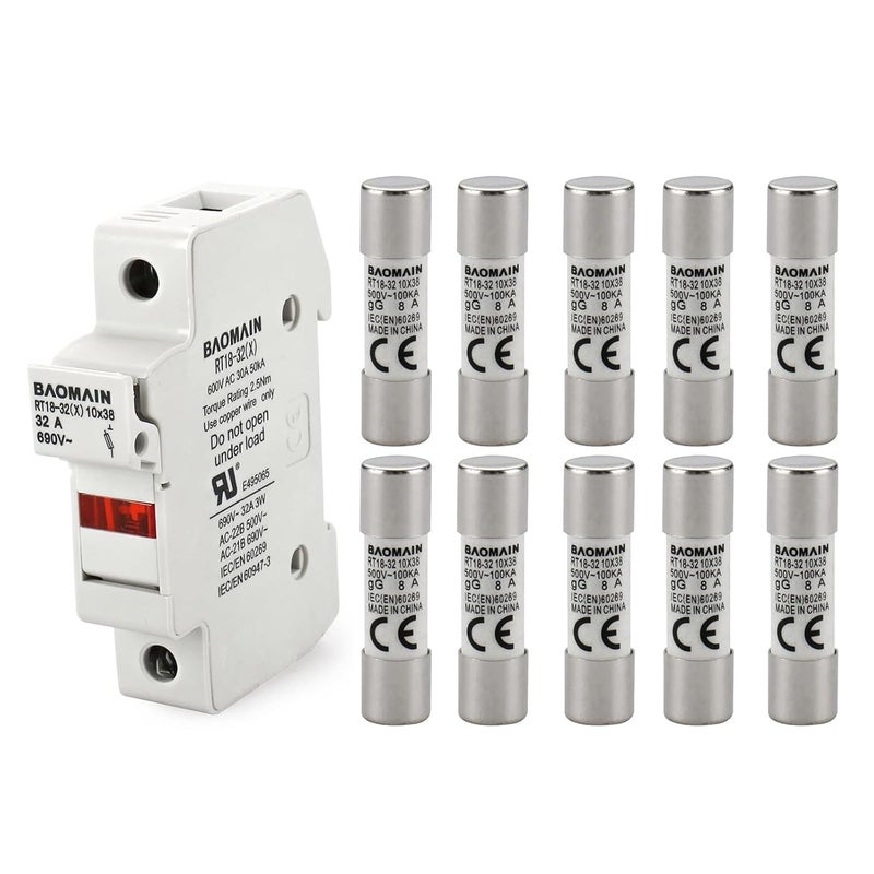 Baomain RT18-32 Fuse Holder Base with 10x8A Ceramic Fuses (10x38mm) – 1 Pole DIN Rail Mount, LED Indicator, CE Certified (8 Amp) - Image 1