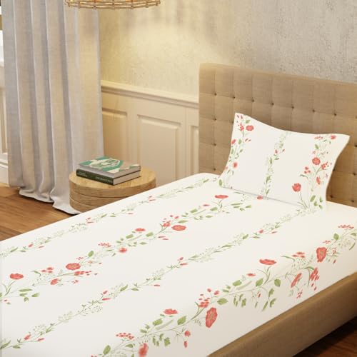 Urban Space Serene 100% Cotton 200 TC Printed Bedsheet for Single Bed with 1 Pillow Cover (Size 58 x 90 inches, Veil Bloom - Peach) - Image 1