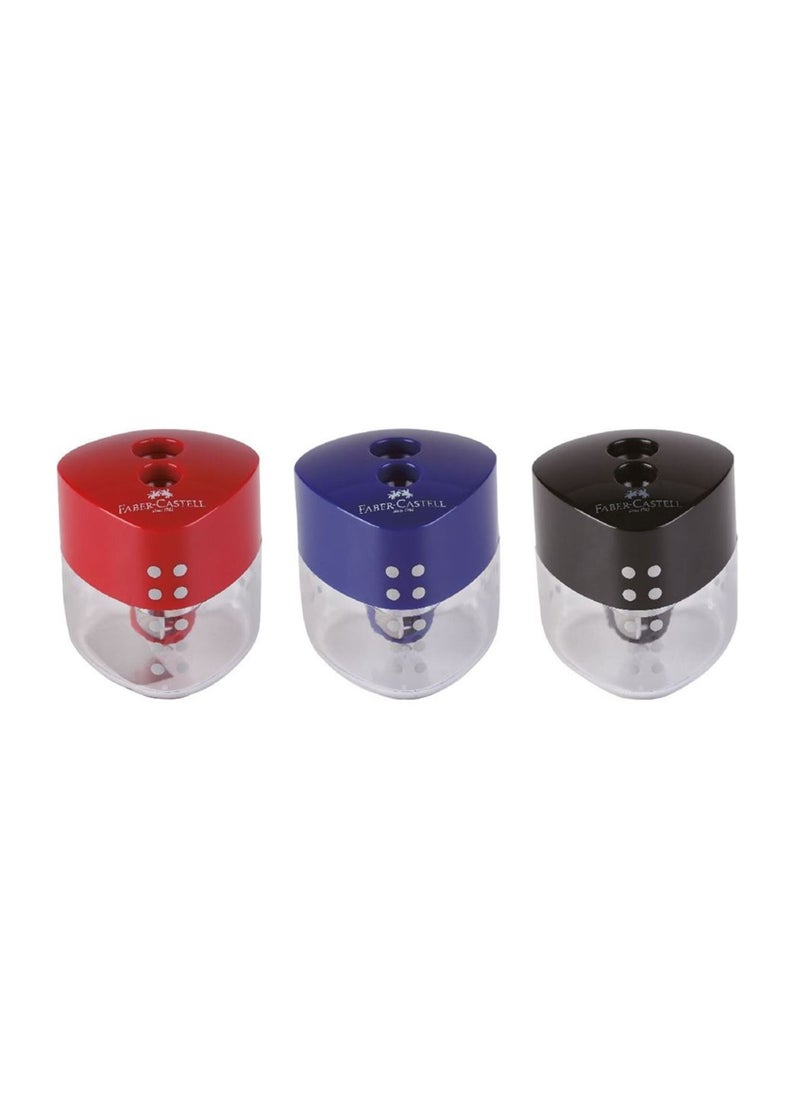 FABER-CASTELL - 3-Piece Triangular Grip Double Hole Tub Sharpener Assorted Colours - Image 1