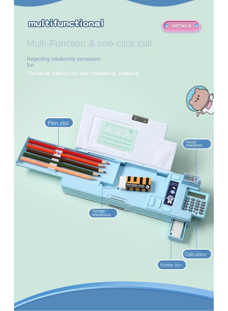 Loquat Creative Multi-functional Plastic Stationery Box for Primary School Students Double-sided Magnetic Pencil Calculator Sharpener (Purple, Bear) - Image 3