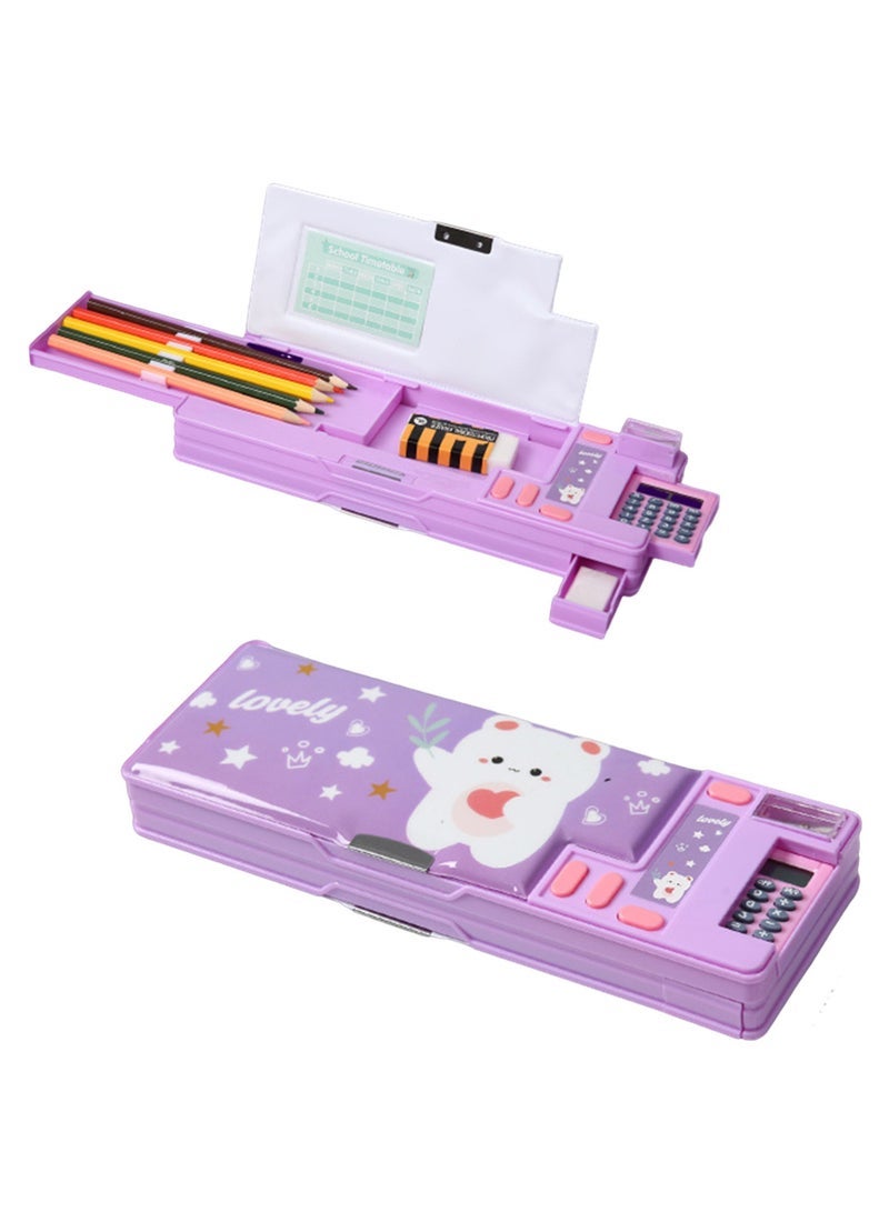 Loquat Creative Multi-functional Plastic Stationery Box for Primary School Students Double-sided Magnetic Pencil Calculator Sharpener (Purple, Bear) - Image 1