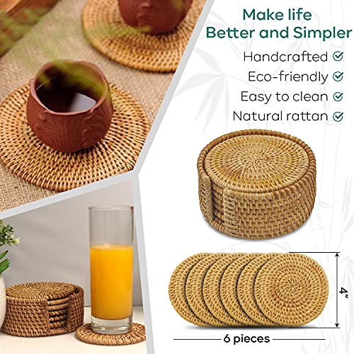 ENEOCARE Handmade Natural Rattan Coasters for Drinks, Wicker Boho Woven Coasters Set of 6 with Holder | Heat Resistant Reusable Saucers, Round Straw Trivet for Teacup - Image 5