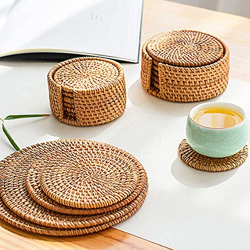 ENEOCARE Handmade Natural Rattan Coasters for Drinks, Wicker Boho Woven Coasters Set of 6 with Holder | Heat Resistant Reusable Saucers, Round Straw Trivet for Teacup - Image 4