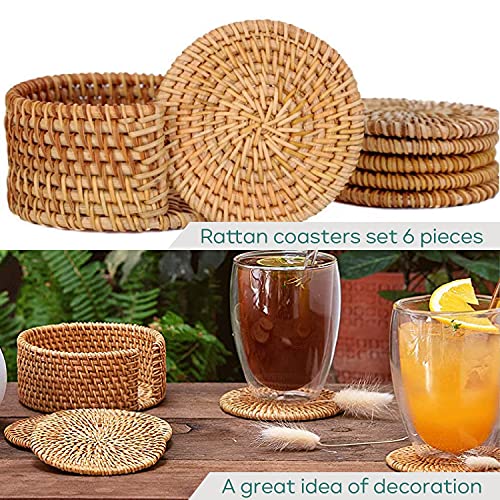 ENEOCARE Handmade Natural Rattan Coasters for Drinks, Wicker Boho Woven Coasters Set of 6 with Holder | Heat Resistant Reusable Saucers, Round Straw Trivet for Teacup - Image 2