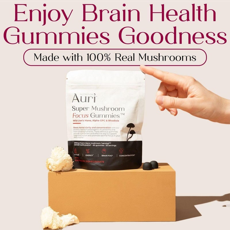 Auri Super Mushroom Focus Gummies  wLions Mane Alpha GPC  Rhodiola  Mushrooom Supplement to Support Cognitive Function Mental Clarity Focus  Energy  60 Gummies Vegan Friendly Non GMOs - Image 2