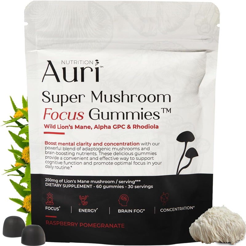Auri Super Mushroom Focus Gummies  wLions Mane Alpha GPC  Rhodiola  Mushrooom Supplement to Support Cognitive Function Mental Clarity Focus  Energy  60 Gummies Vegan Friendly Non GMOs - Image 1