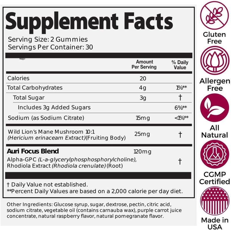 Auri Super Mushroom Focus Gummies  wLions Mane Alpha GPC  Rhodiola  Mushrooom Supplement to Support Cognitive Function Mental Clarity Focus  Energy  60 Gummies Vegan Friendly Non GMOs - Image 4