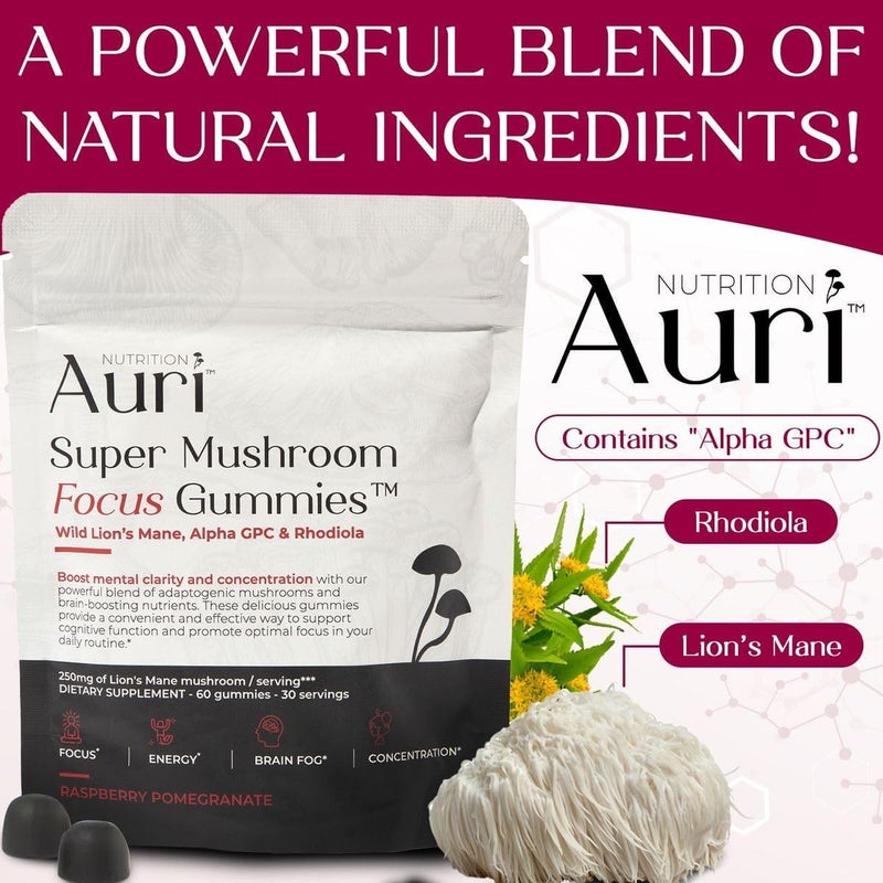 Auri Super Mushroom Focus Gummies  wLions Mane Alpha GPC  Rhodiola  Mushrooom Supplement to Support Cognitive Function Mental Clarity Focus  Energy  60 Gummies Vegan Friendly Non GMOs - Image 5