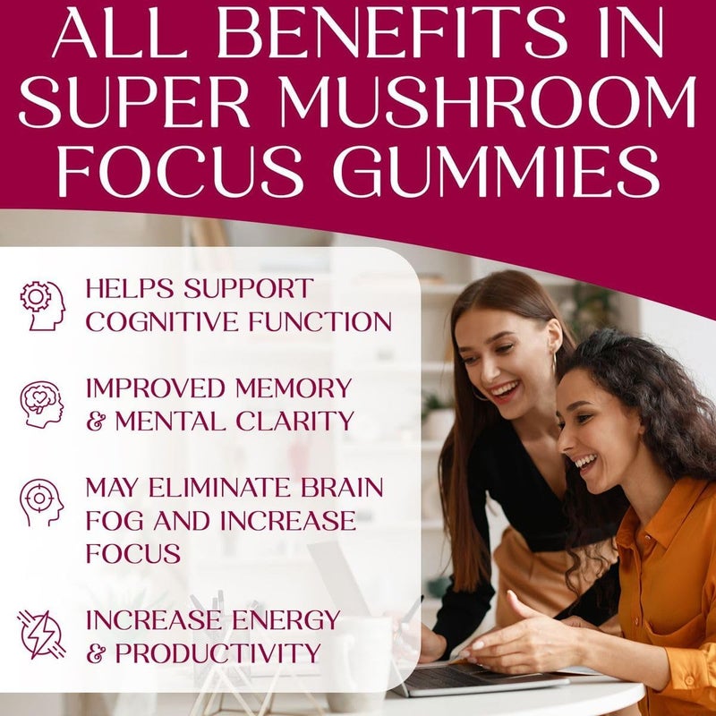 Auri Super Mushroom Focus Gummies  wLions Mane Alpha GPC  Rhodiola  Mushrooom Supplement to Support Cognitive Function Mental Clarity Focus  Energy  60 Gummies Vegan Friendly Non GMOs - Image 3