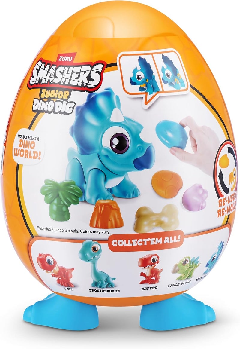 ZURU SMASHERS سماشرز جونيور دينو ديج بيضة صغيرة (رابتور) 12+ مفاجآت مركبات قوالب ديناصور ألعاب ما قبل المدرسة للأطفال بناء وتركيب ولعب حسي من 18 شهرًا إلى 3 سنوات - Image 4