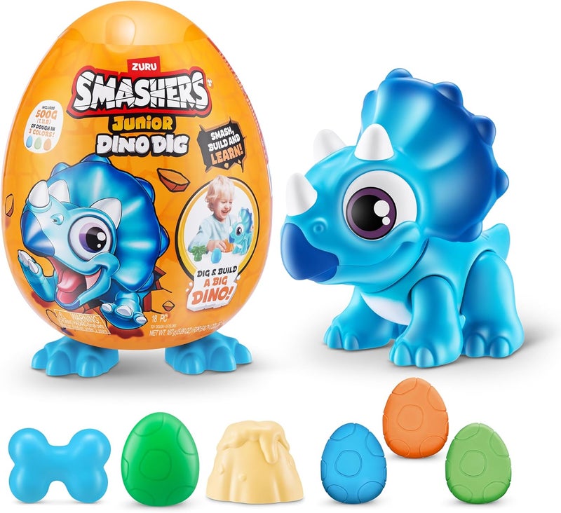 ZURU SMASHERS سماشرز جونيور دينو ديج بيضة صغيرة (رابتور) 12+ مفاجآت مركبات قوالب ديناصور ألعاب ما قبل المدرسة للأطفال بناء وتركيب ولعب حسي من 18 شهرًا إلى 3 سنوات - Image 1