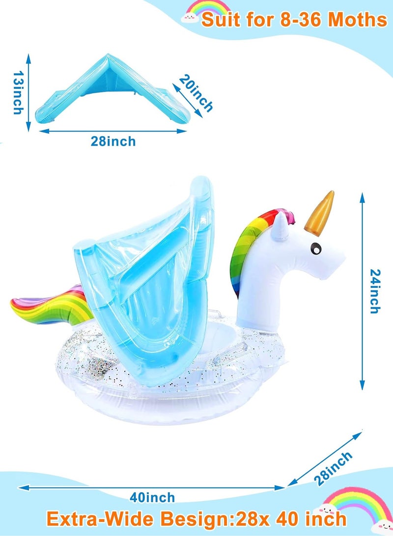 MAOGEDA Unicorn Baby Swimming Pool Float with Canopy, Glitters, Seat & Safety Handle, 2024 Summer Baby Floats for Pool, Inflatable Baby Floaties for 8-36 Months Toddler Boy Girl Summer Outdoor Party Favor - Image 2