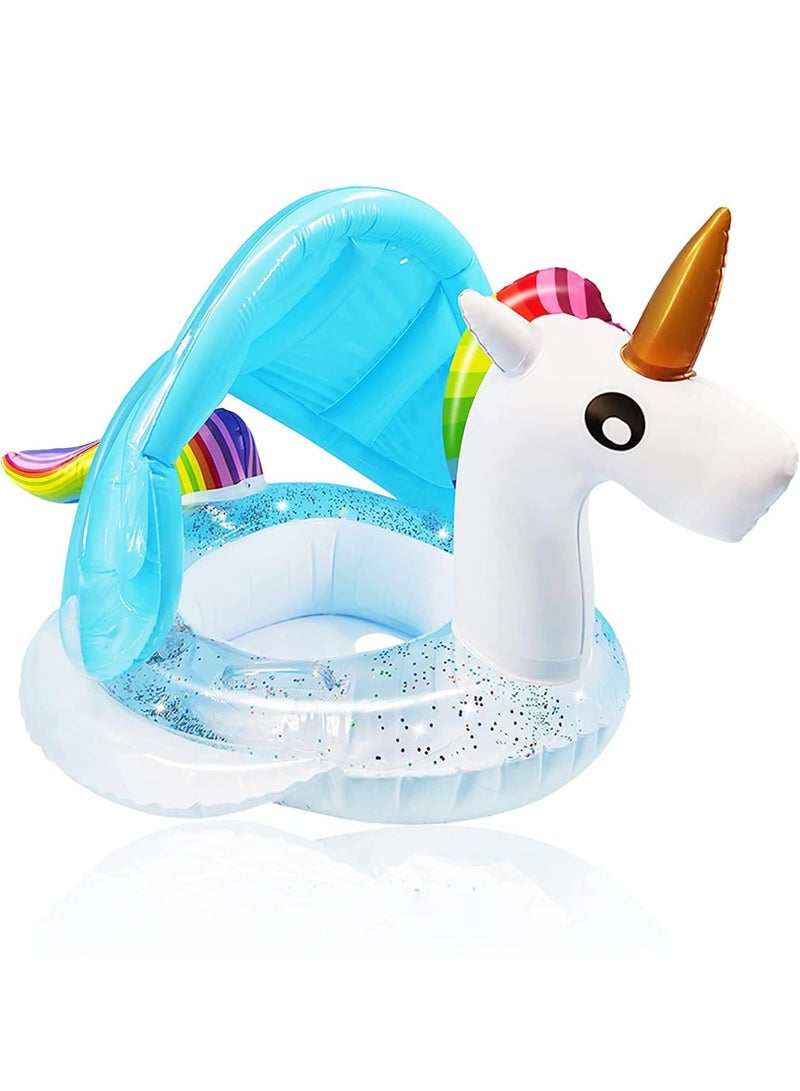 MAOGEDA Unicorn Baby Swimming Pool Float with Canopy, Glitters, Seat & Safety Handle, 2024 Summer Baby Floats for Pool, Inflatable Baby Floaties for 8-36 Months Toddler Boy Girl Summer Outdoor Party Favor - Image 1