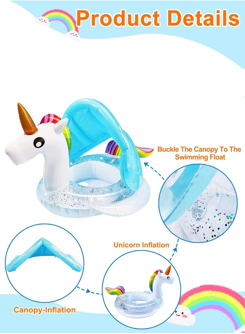 MAOGEDA Unicorn Baby Swimming Pool Float with Canopy, Glitters, Seat & Safety Handle, 2024 Summer Baby Floats for Pool, Inflatable Baby Floaties for 8-36 Months Toddler Boy Girl Summer Outdoor Party Favor - Image 3