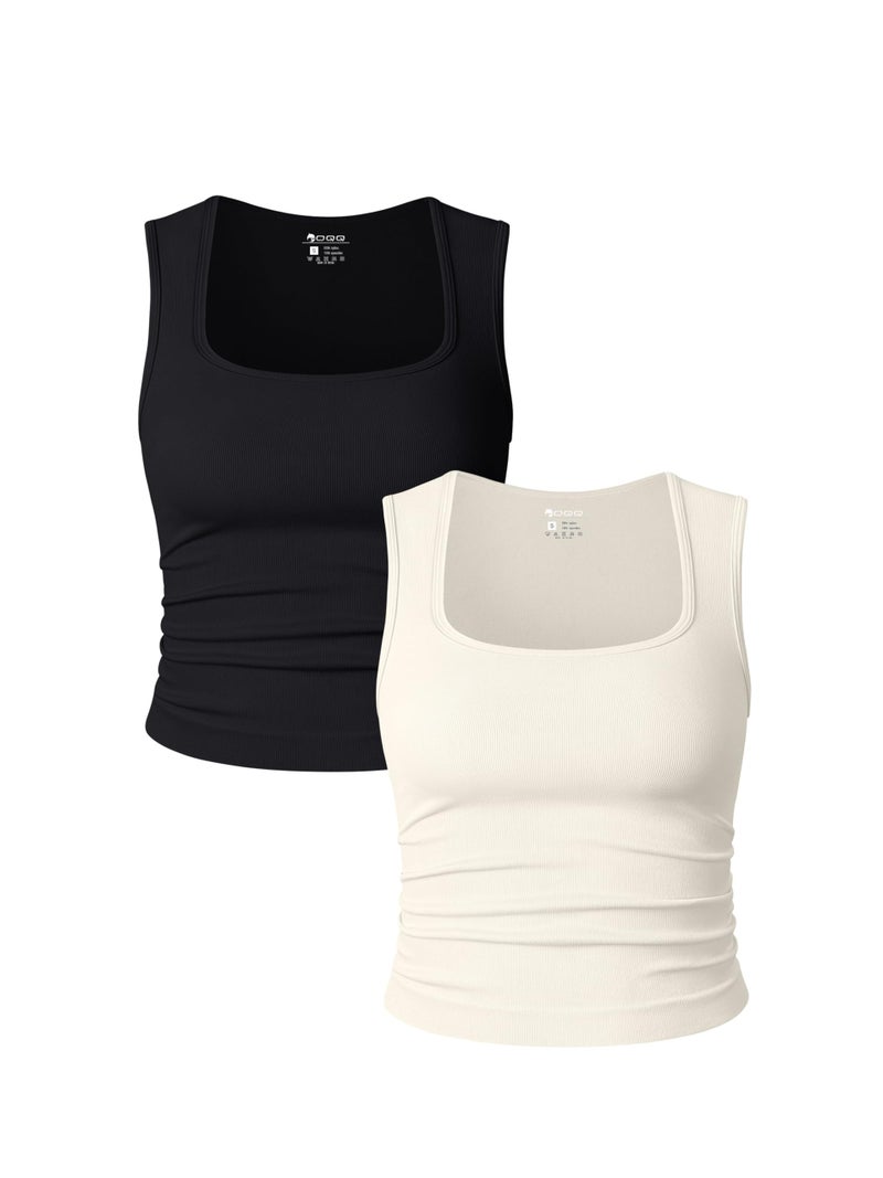 OQQ Womens 2 Piece Crop Tops Rueched Sleeveless Square Neck Stretch Basic Tank Shirts Black Beige - Image 1