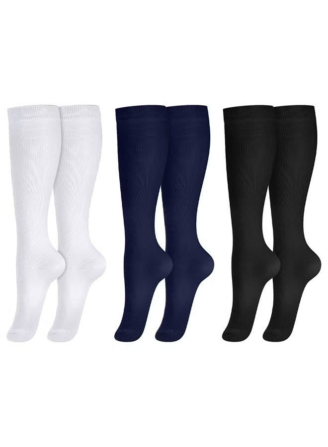VITION 3 Packs Men and Women's Compression Socks 15-20 mmHg Moderate Pressure Medical Quality Support Best Comfort Fit Moisture Wicking Circulation Travel White/Blue/Black S/M - Image 1