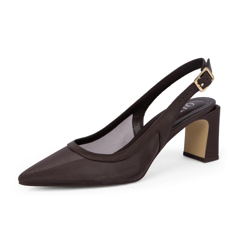 QIY Chocolate Pointed Toe Slingback Mesh Heels for Women Chunky Heel Closed Toe Pumps for Women Dressy Party Shoes Size 6 - Image 1