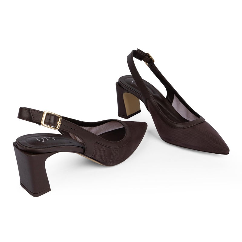 QIY Chocolate Pointed Toe Slingback Mesh Heels for Women Chunky Heel Closed Toe Pumps for Women Dressy Party Shoes Size 6 - Image 5