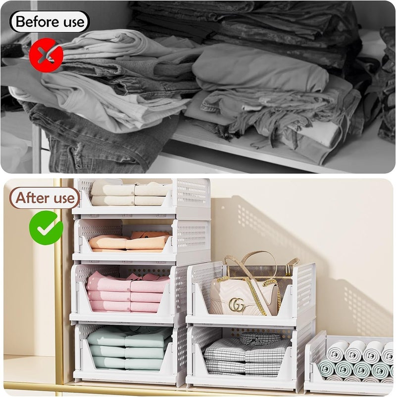 flymore Stackable Plastic Closet Organizer Bins with Front Opening – Foldable Storage Drawers for Clothes, Towels, Toys, Kitchen & Office – Space Saving Shelf Baskets (Set of 3, White) - Image 3