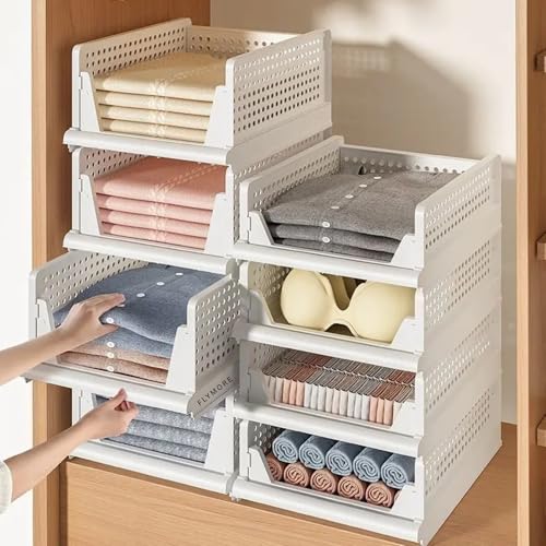 flymore Stackable Plastic Closet Organizer Bins with Front Opening – Foldable Storage Drawers for Clothes, Towels, Toys, Kitchen & Office – Space Saving Shelf Baskets (Set of 3, White) - Image 1