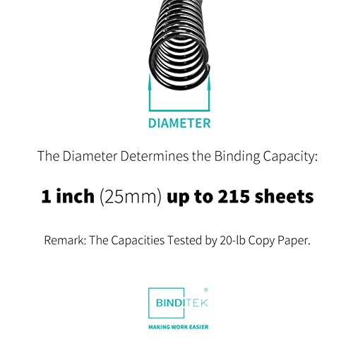 Binditek 50 Pack Plastic Spiral Binding Coils, 25mm(1"), 215 Sheet Capacity, 4:1 Pitch, Black, 48 Loops, for Letter Size, for Students and Coworkers - Image 2