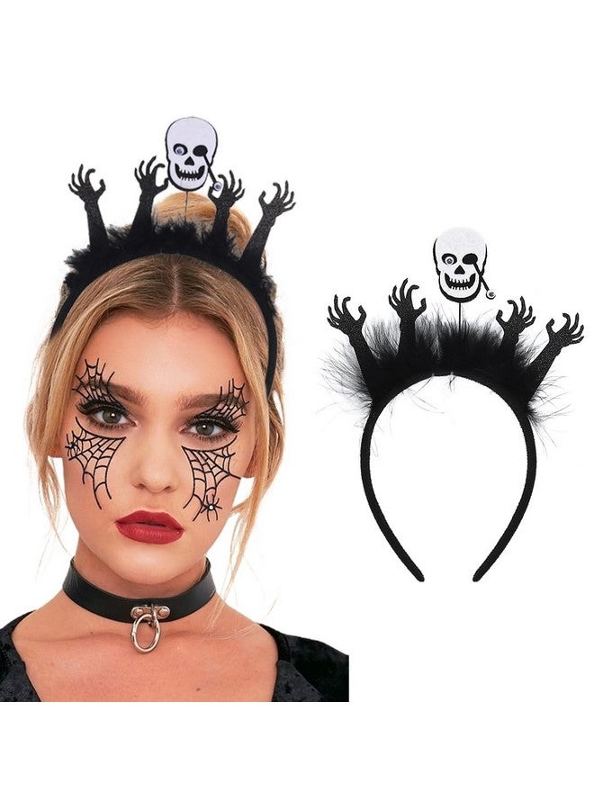 JEAIRTS Black Halloween Skull Headband Horrible Ghost Bat Hair Band Fluffy Spider Headpiece Happy Halloween Party Decoration Costume Hair Accessories For Women (Style A) - Image 1