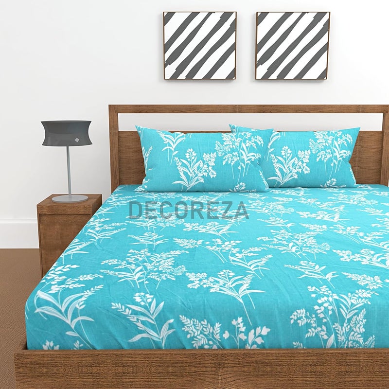 DECOREZA 300 TC All Around Cotton Floral Elastic Fitted Bedsheets Queen Size,Premium with Elastic Fitted Bedsheets for Double Bed with 2 Pillow Covers,Size 78"X60"(Aquamarine Blue) - Image 1
