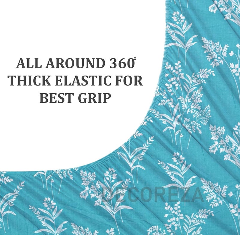 DECOREZA 300 TC All Around Cotton Floral Elastic Fitted Bedsheets Queen Size,Premium with Elastic Fitted Bedsheets for Double Bed with 2 Pillow Covers,Size 78"X60"(Aquamarine Blue) - Image 3