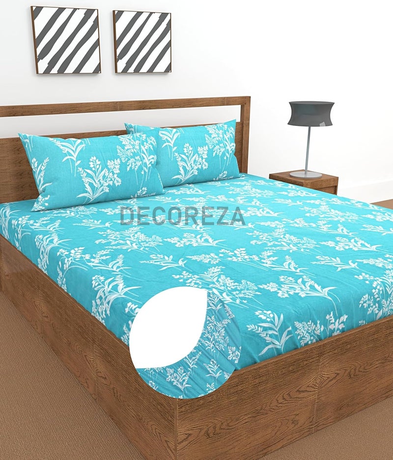 DECOREZA 300 TC All Around Cotton Floral Elastic Fitted Bedsheets Queen Size,Premium with Elastic Fitted Bedsheets for Double Bed with 2 Pillow Covers,Size 78"X60"(Aquamarine Blue) - Image 2