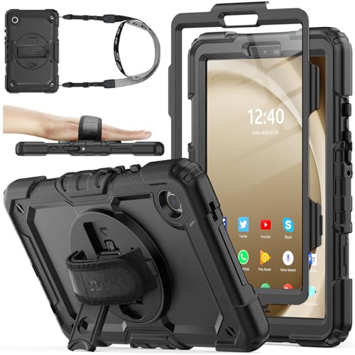 SEYMAC stock Case for Samsung Galaxy Tab A9 8.7'', Full-Body Drop Protection Case with Screen Protector Pencil Holder [360° Rotating Hand Strap] &Stand, Black - Image 1
