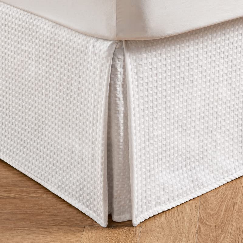 MIYE Pleated Waffle Weave Bed Skirt, Tailored Dust Ruffle 18 Inch Drop Easy Fit, Machine Washable, No Split Corners (White, Queen - 18" Drop) - Image 1