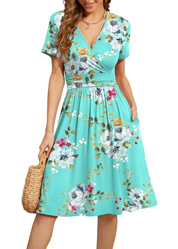 WEACZZY Summer Dresses for Women Floral Sundresses Casual Short Sleeve Vacation Travel Dress Flowy Beach Dresses with Pockets,Floral Mint Green,L - Image 1